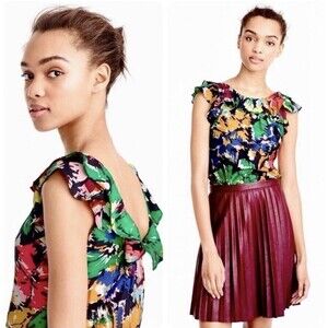 J. Crew Women's 6P Colorful Brushstroke Silk Ruffle Neck Sleeveless Top